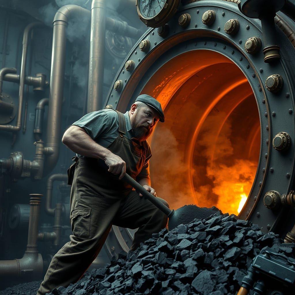 Soot-Smeared Stoker Feeds Industrial-Era Steam Boiler in Gri...