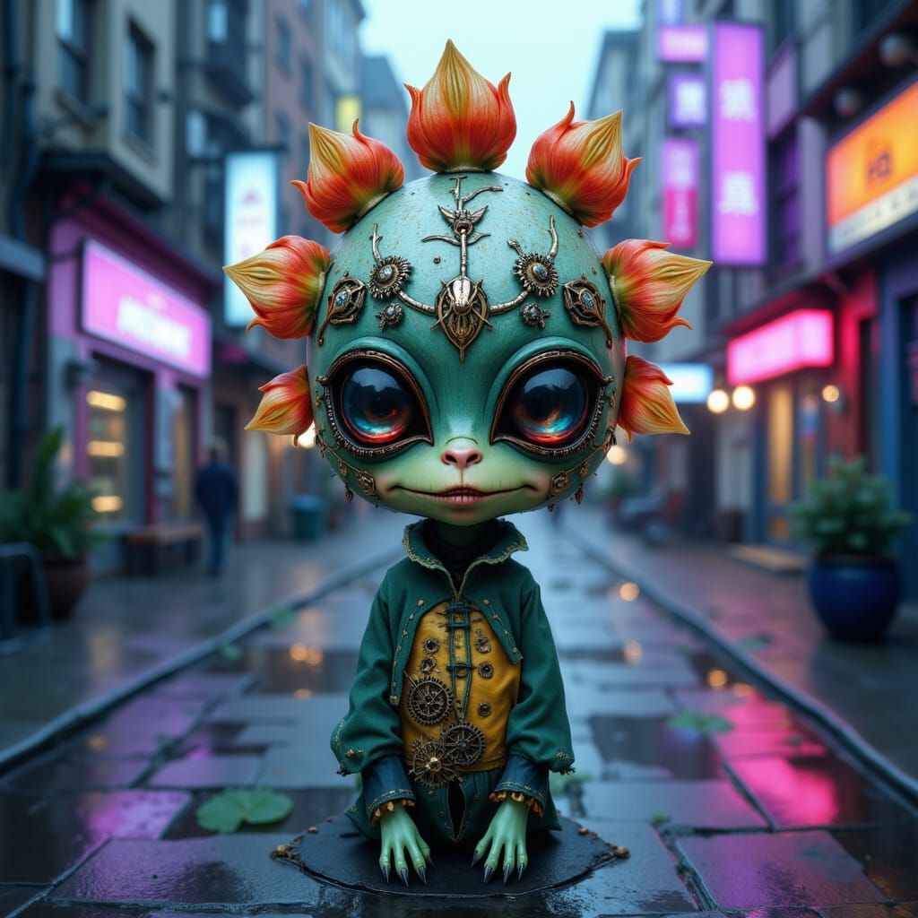 Cyberpunk Flower with Mechanical Eyes in Neon City