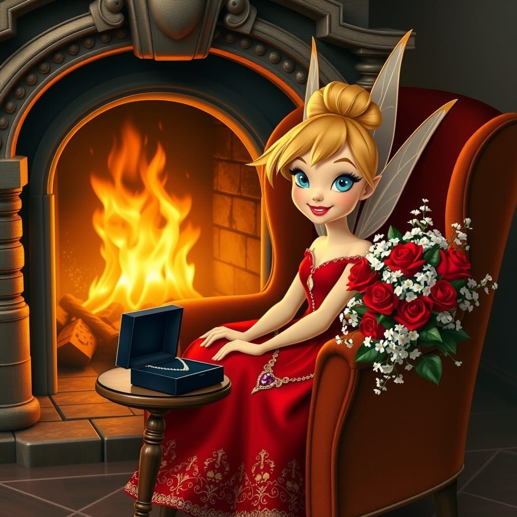 Fairy Queen in Ruby Red Ball Gown, Surrounded by Romance