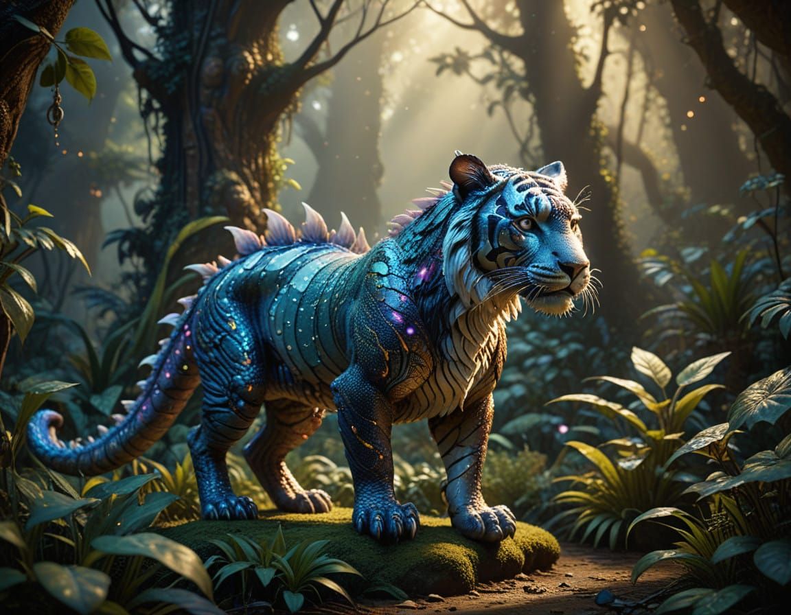 Iridescent Fairy Dragon Tiger in a Tropical Jungle
