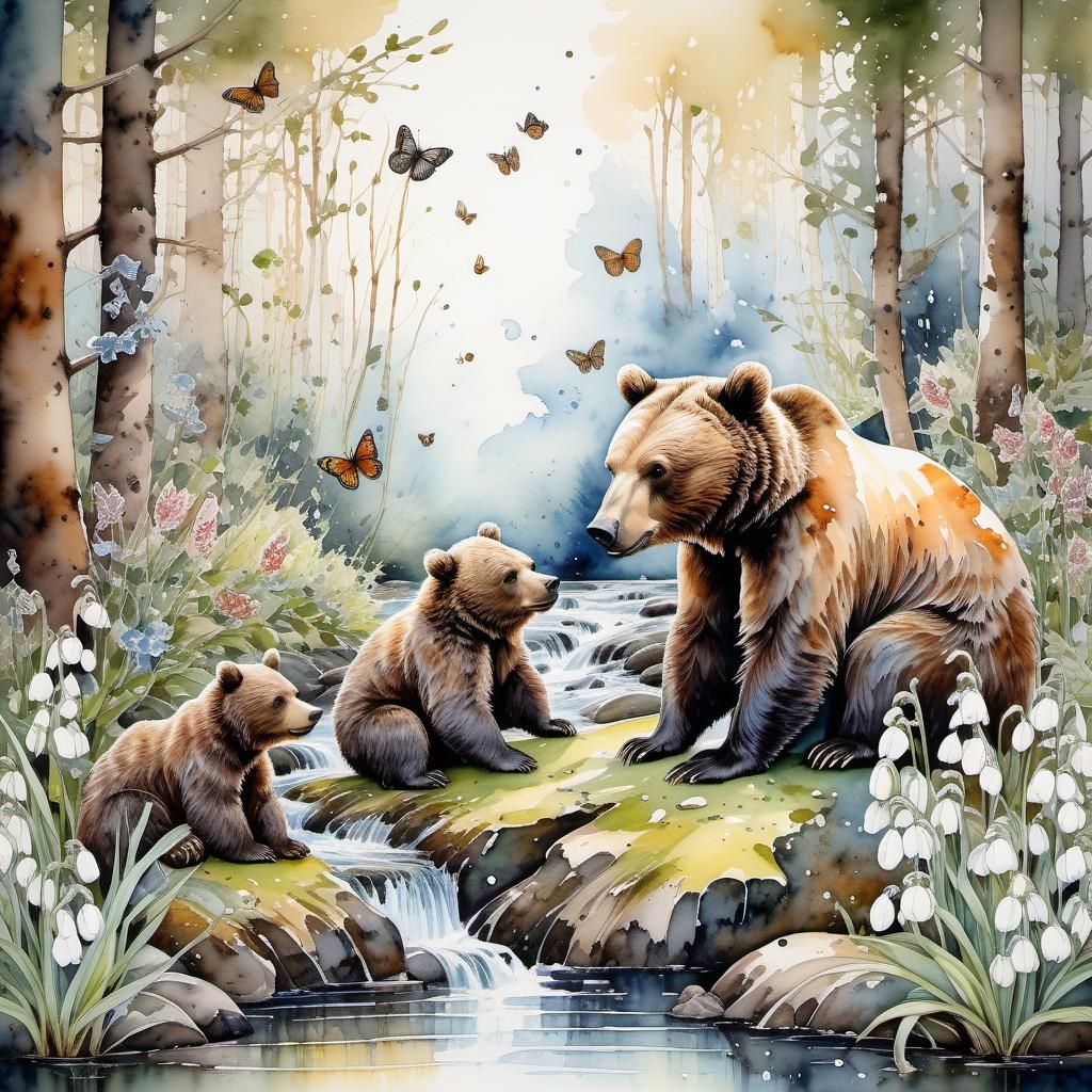 Bears in Forest, Oil Painting Style