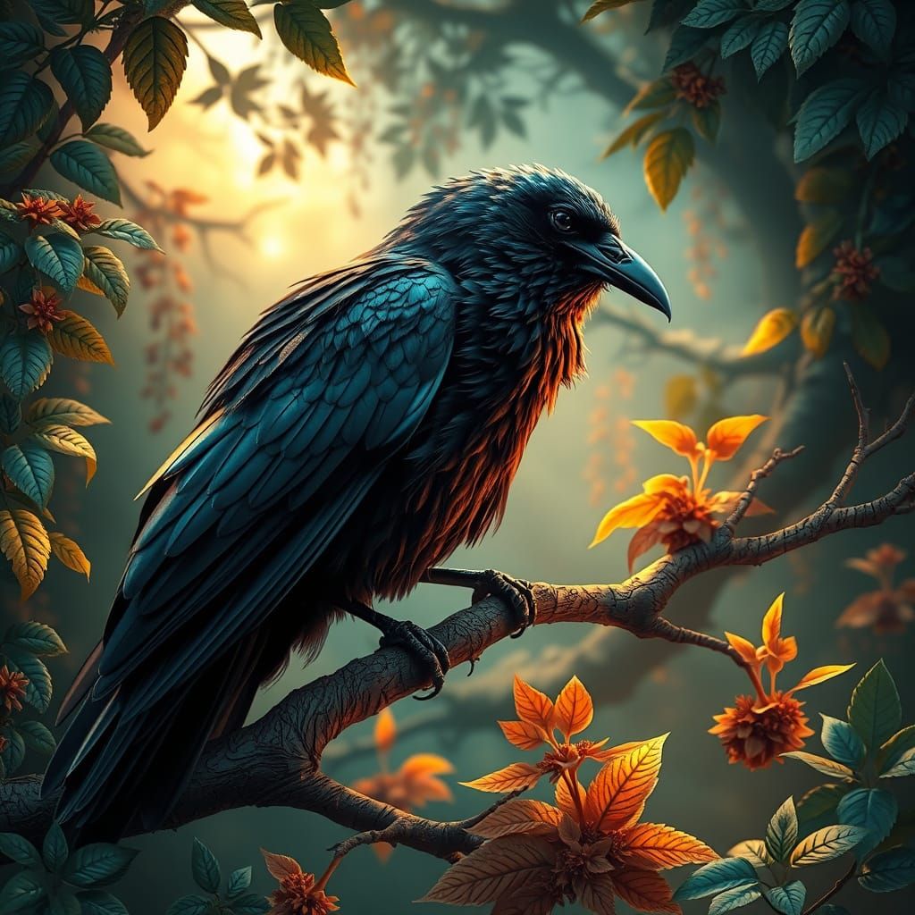 Mystical Raven in Vibrant Art Nouveau Style