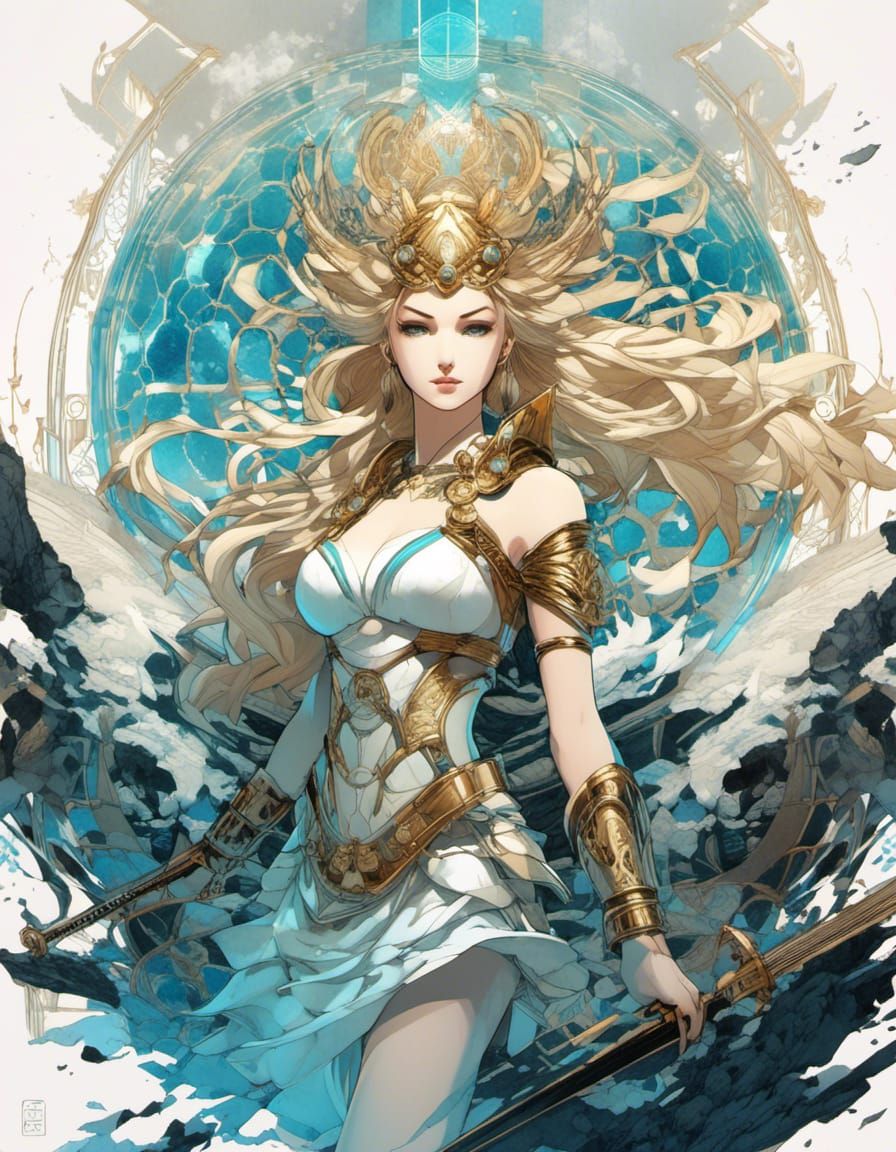 Anime Warrior Girl in Atlantis Watercolor