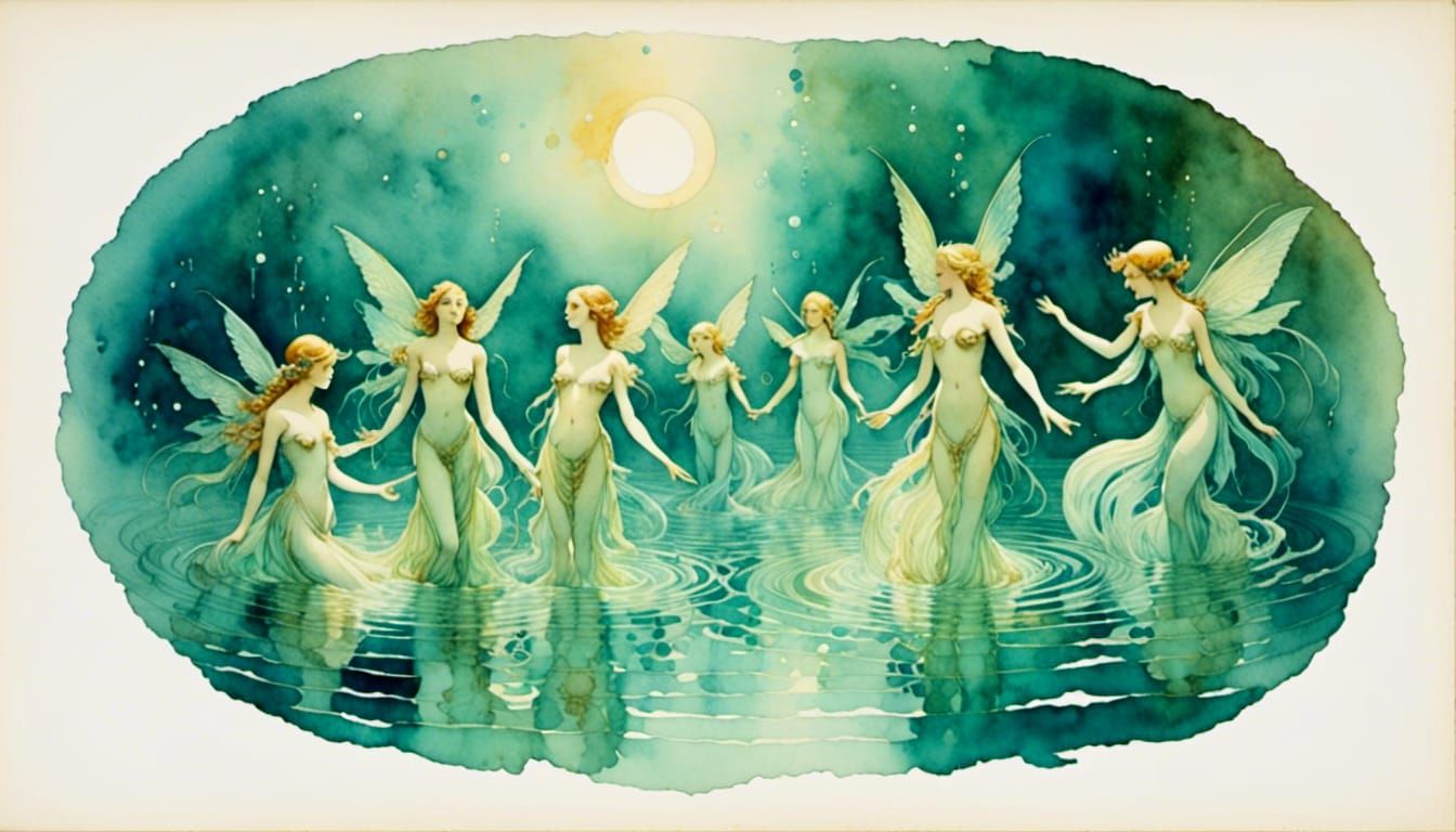 Bioluminescent Water Nymphs in Watercolor Style