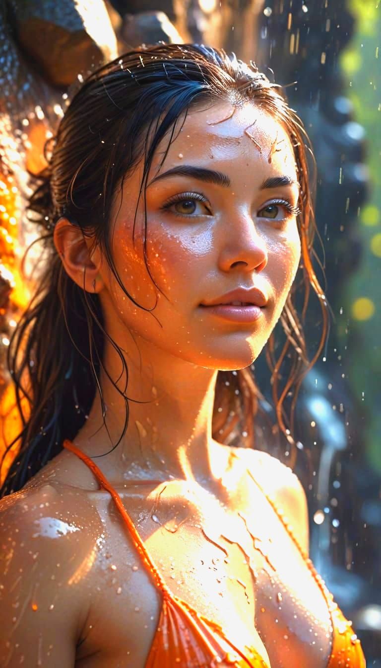 Anime Yae Miko Under Waterfall in Orange Bikini