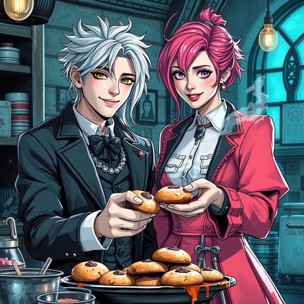 Gothic Whimsy in Black and White: A Charming Baking Duo