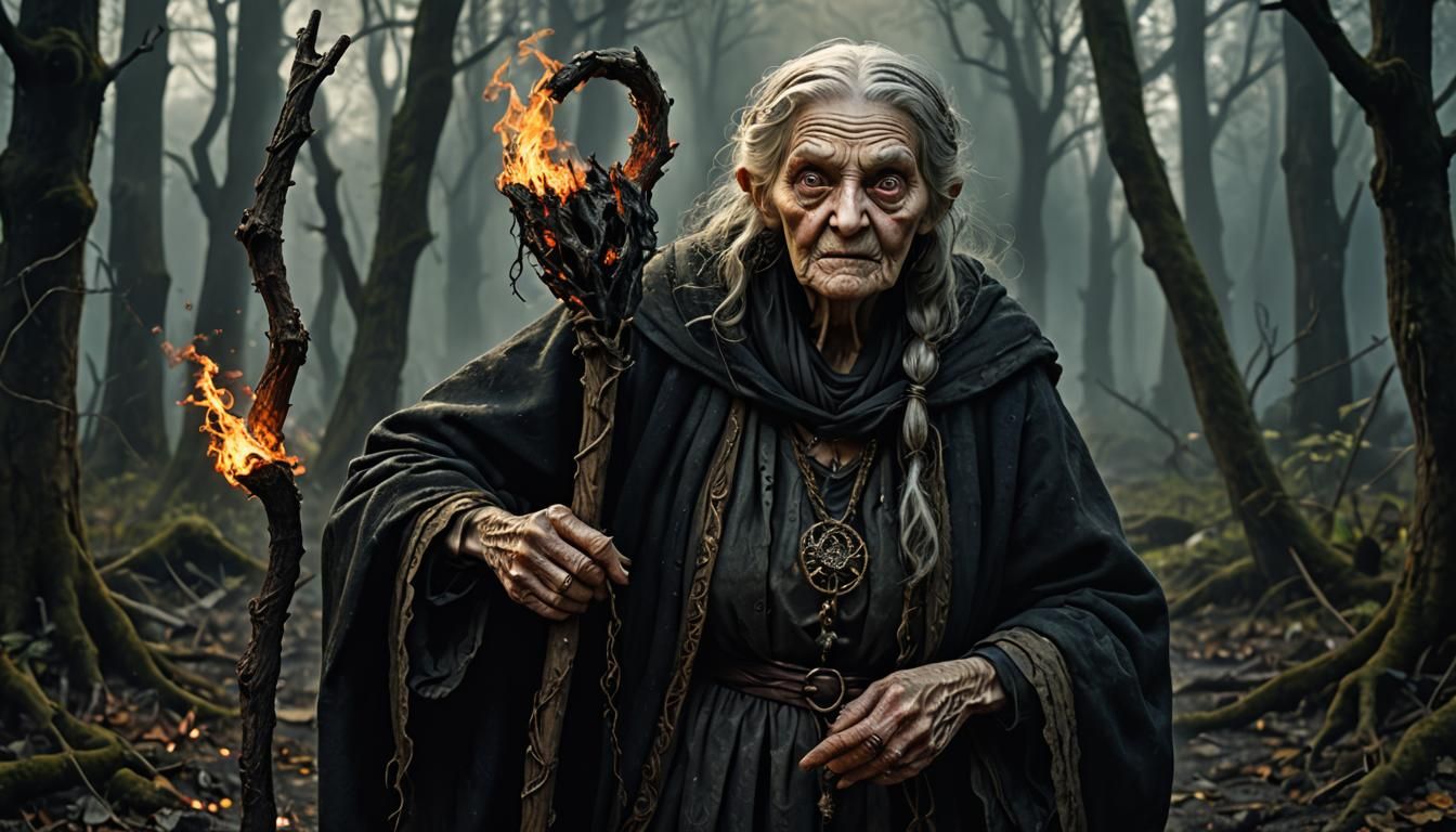 Creepy Old Woman with Glowing Eyes: Digital Painting