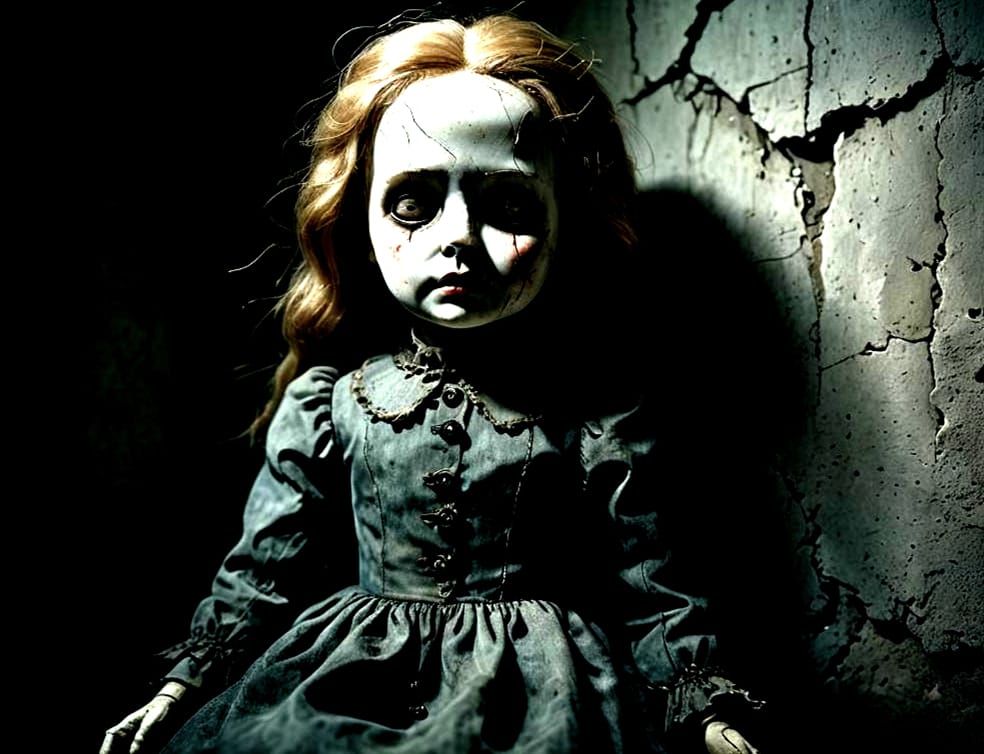 Eerie Doll with Glowing Eyes in Dark Room