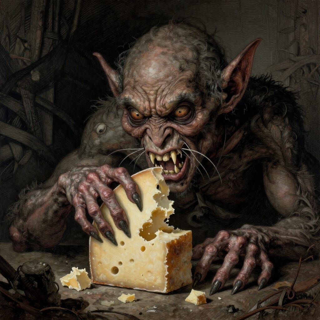 Grotesque Goblin Eating Cheese in Dark Horror Style