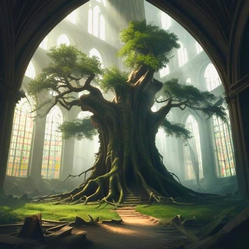 Enchanted Library Within Ancient Tree, Hyperrealistic Style