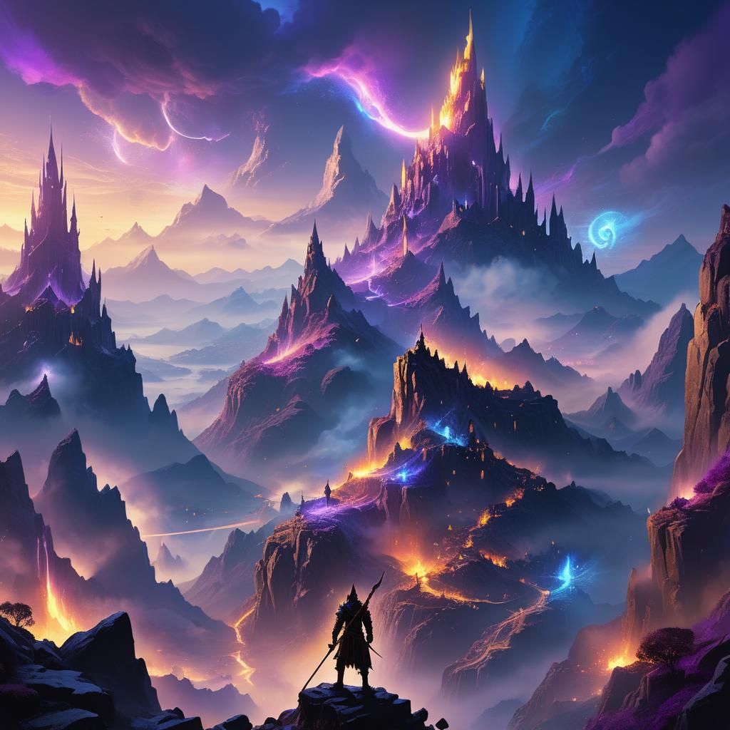 Warrior Overlooking Mystical City in Fantasy Art