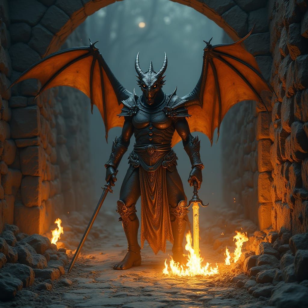 Draconic Bronze Warrior in Dark Dungeons