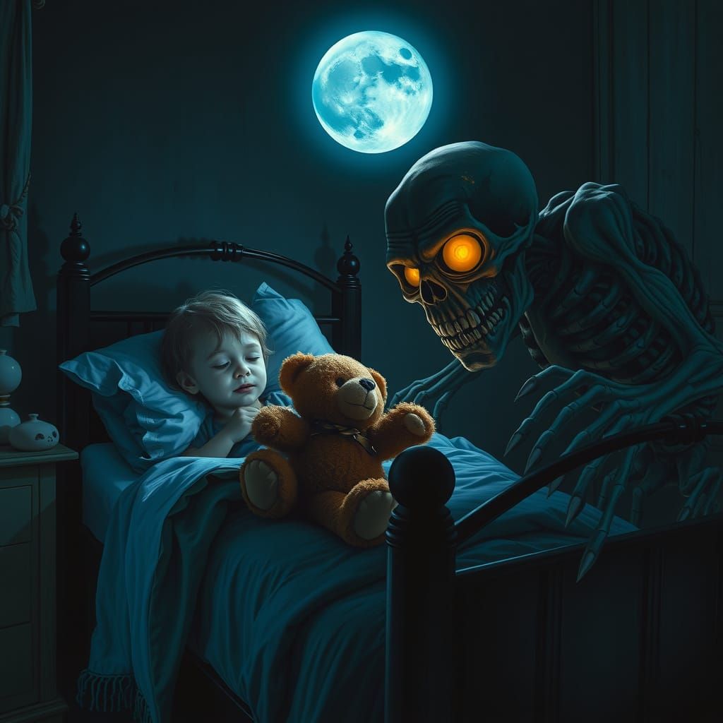 Eerie Moonlit Bedroom Nightmare in Dark Gothic Style