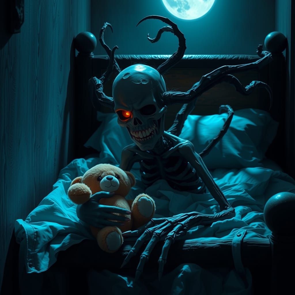 Eerie Child's Bedroom Terror in Electric Blue Moonlight