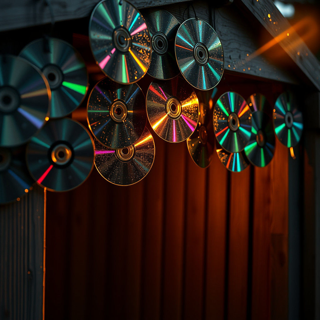 Sunlit CDs on Garden Shed: Hyperrealistic Reflections
