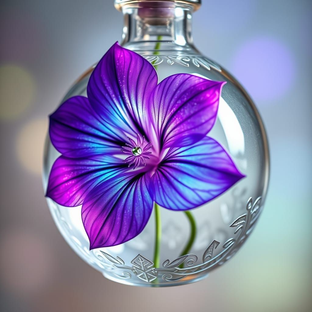 Surreal Iridescent Bloom in Crystal Vessel