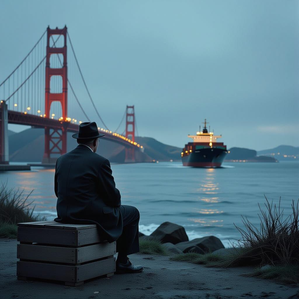 Contemplative Man Gazing at Cargo Ship Near Bridge