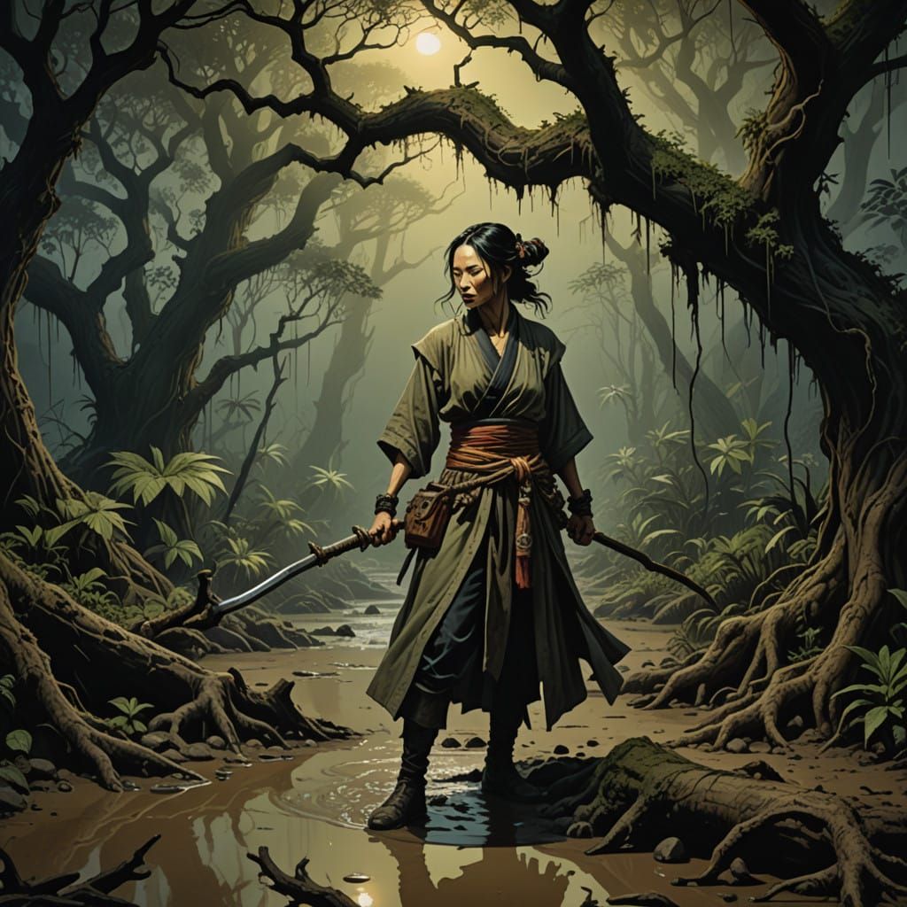 Distressed Damsel Rescuing Sinking Person in Jungle