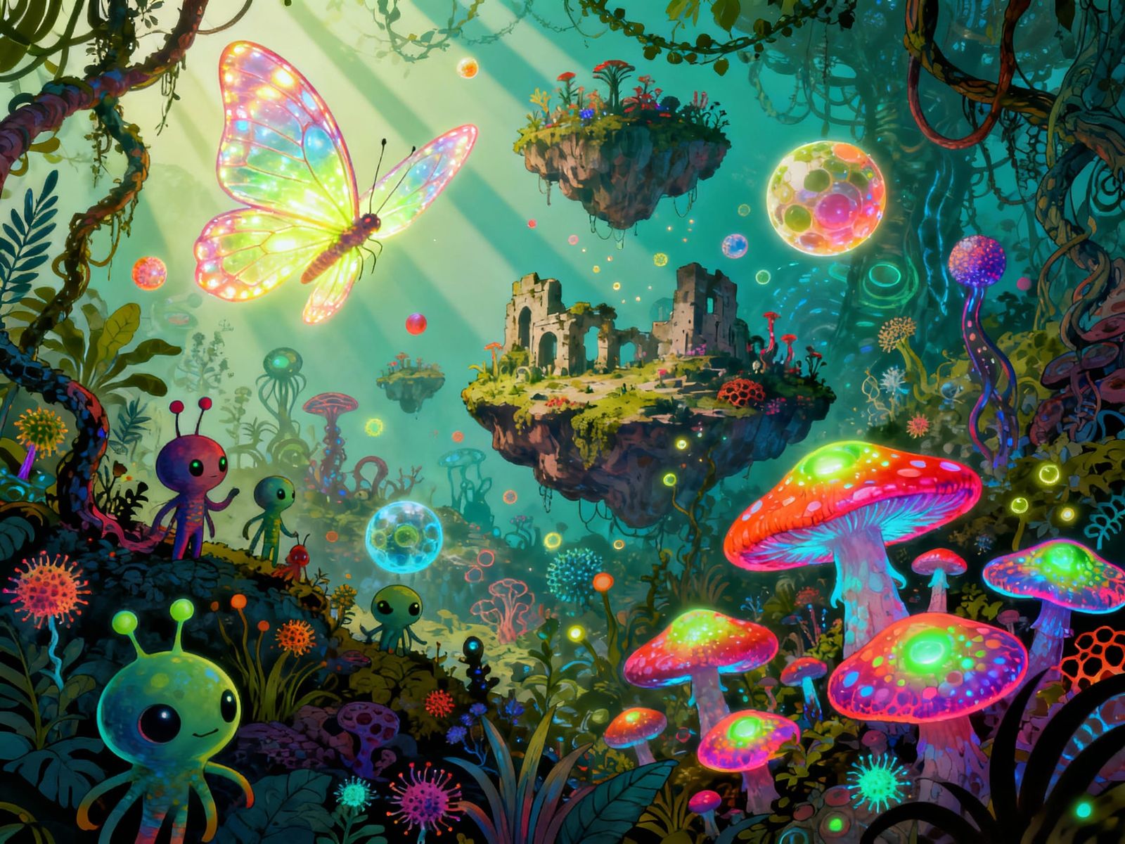 Fantastical Alien Jungle with Whimsical Creatures and Glowin...