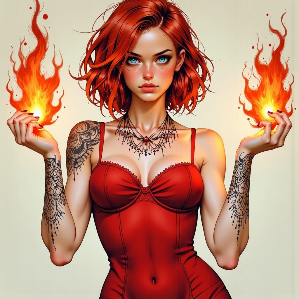 Sultry Welsh Beauty with Whimsical Tattoo and Ethereal Flame...