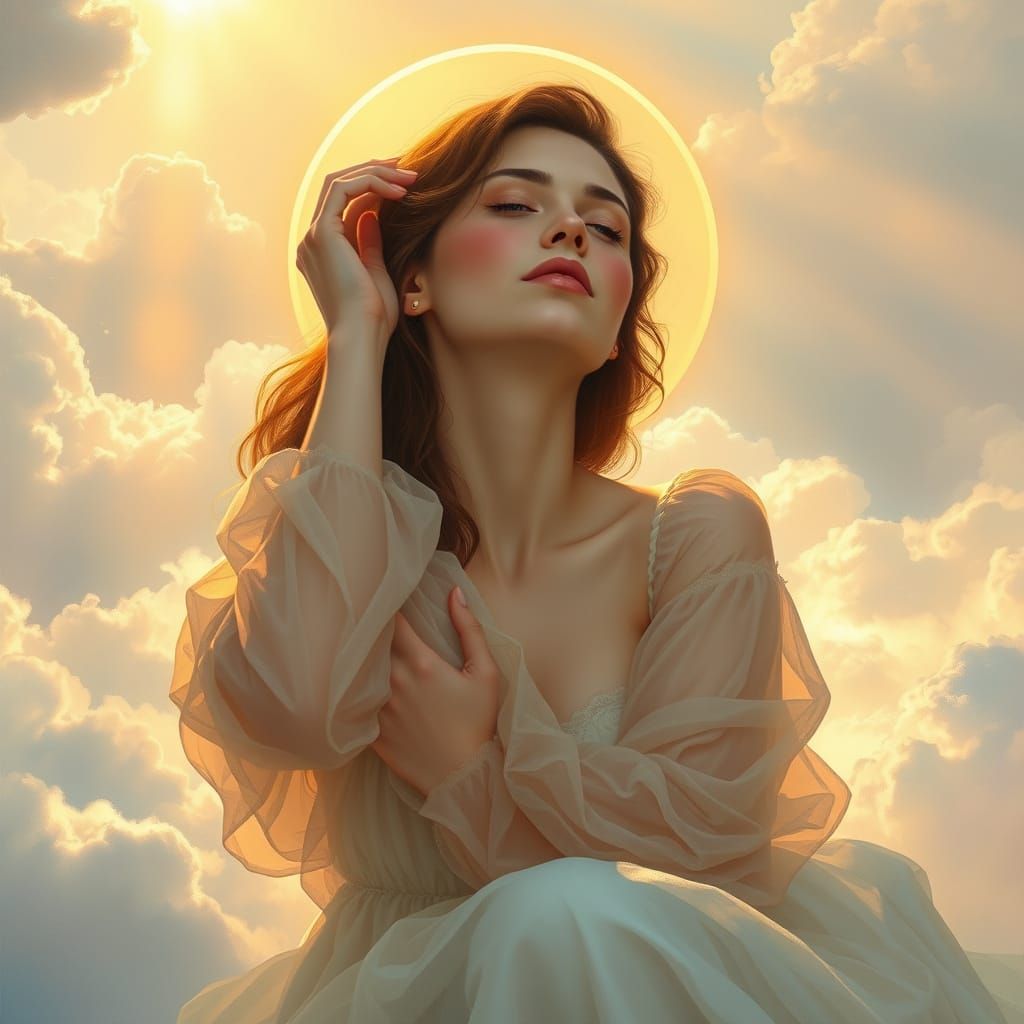 Serene Pre-Raphaelite Goddess in Heavenly Landscape