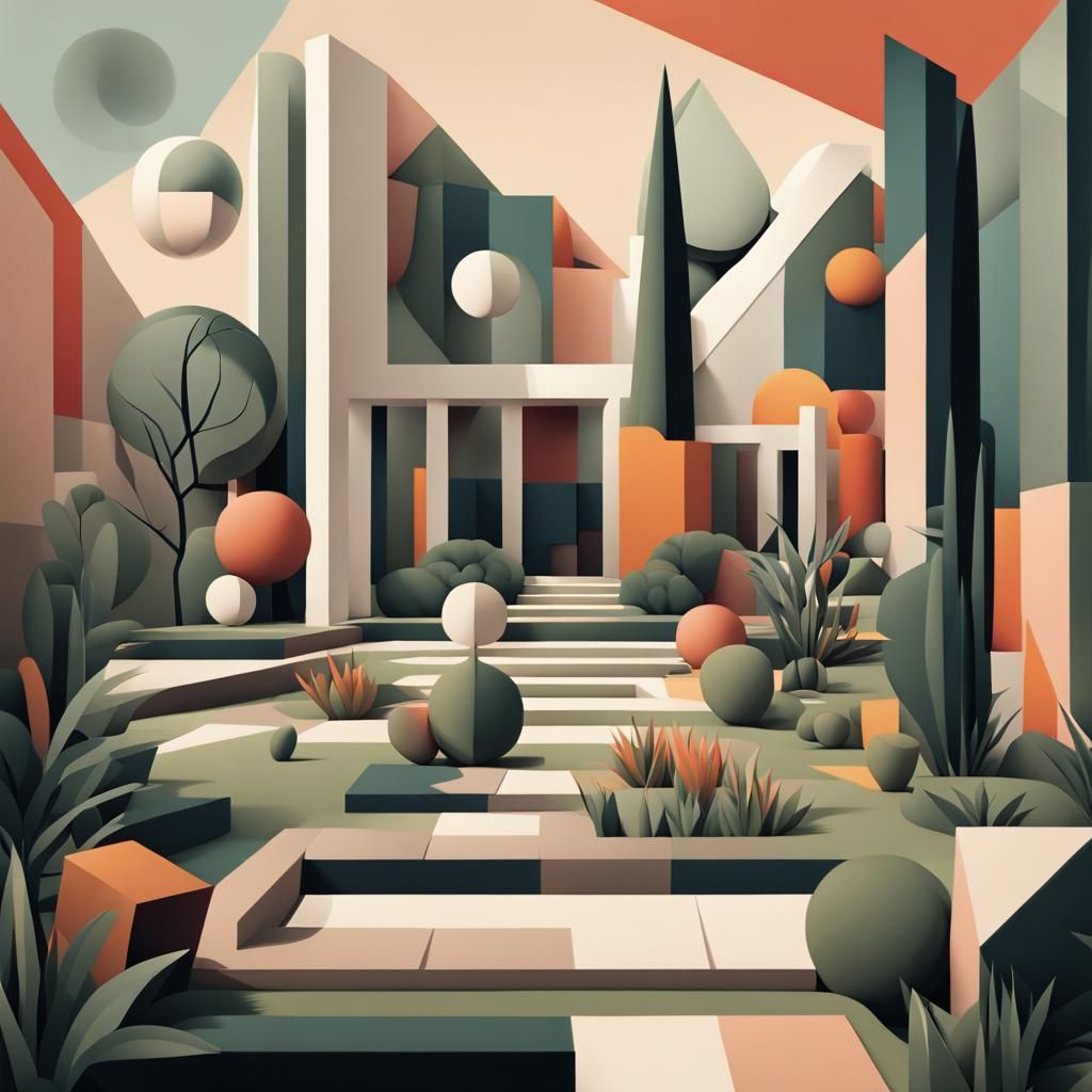 Vintage Bauhaus Garden Scene in Cubist Style