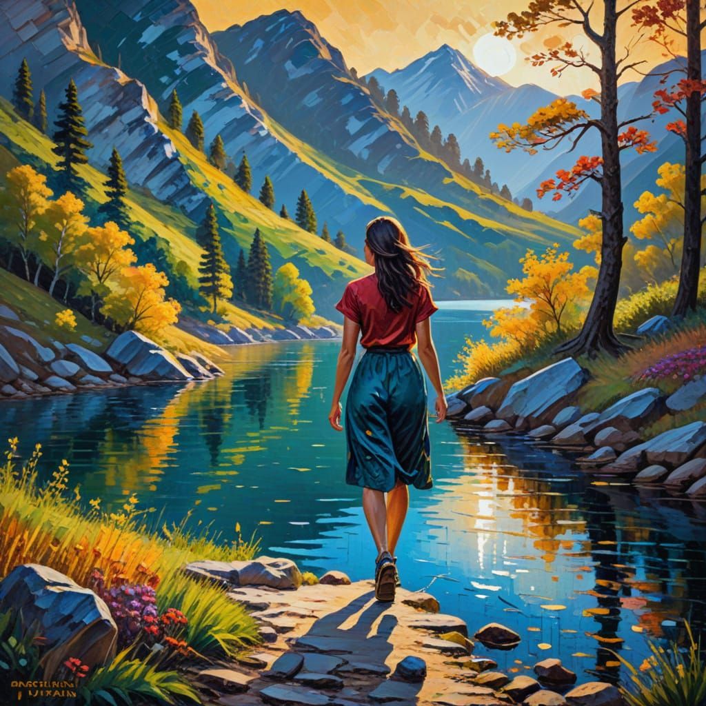 Neo-Impressionist Woman in Mountain Landscape as Impasto Pai...