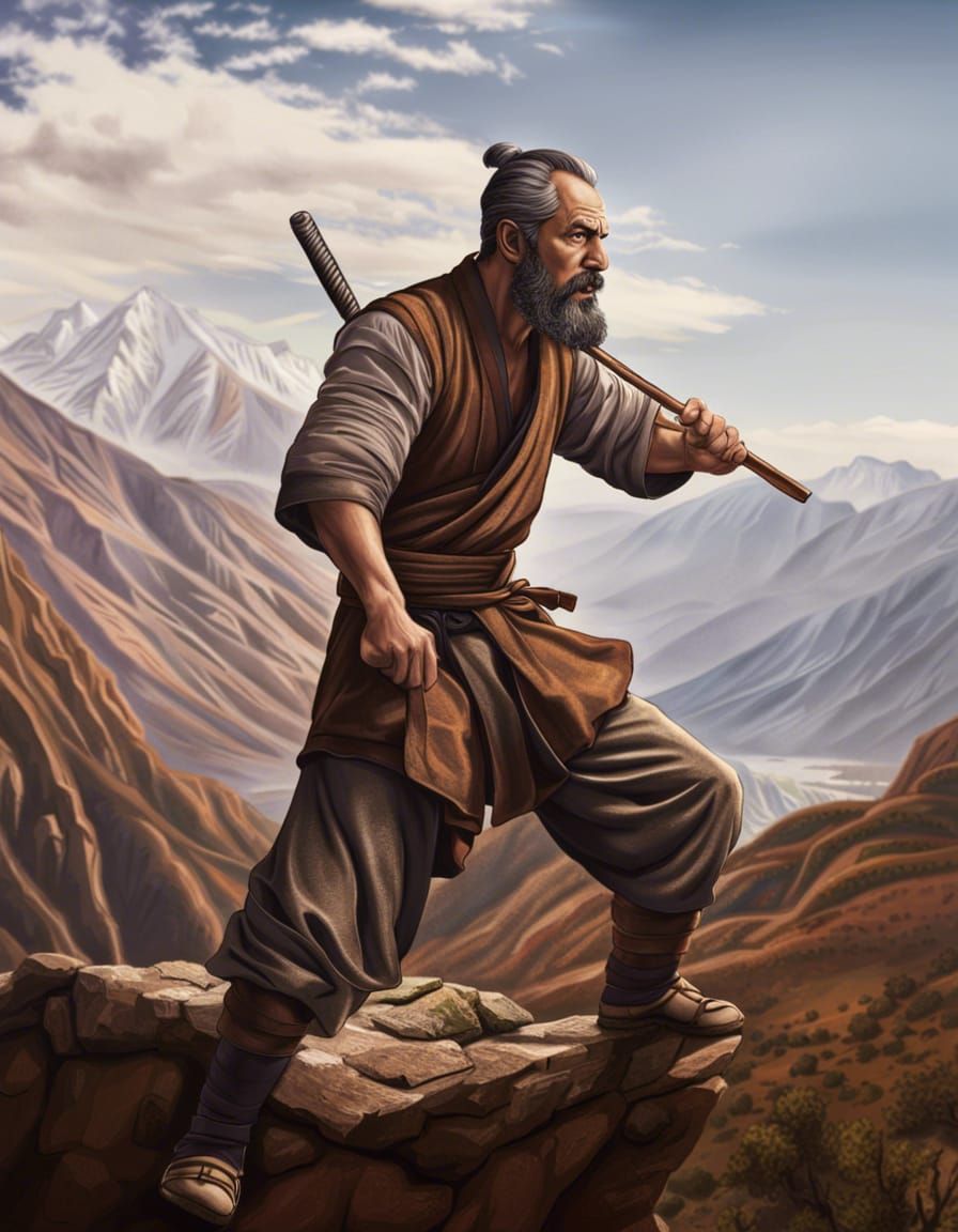 Angry Monk with Scars in Mountain Valley