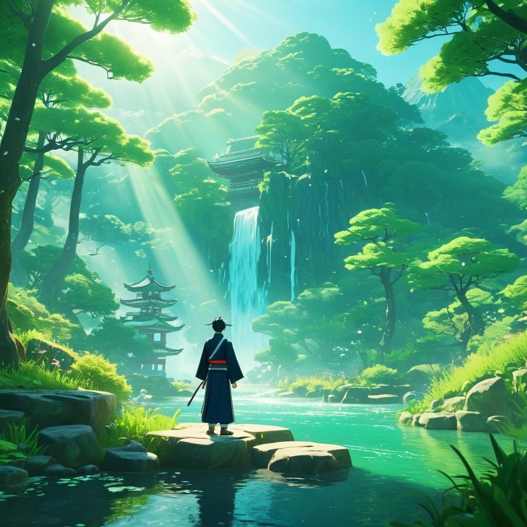 Anime Father in Lush Landscape: 3D Fantasy Art