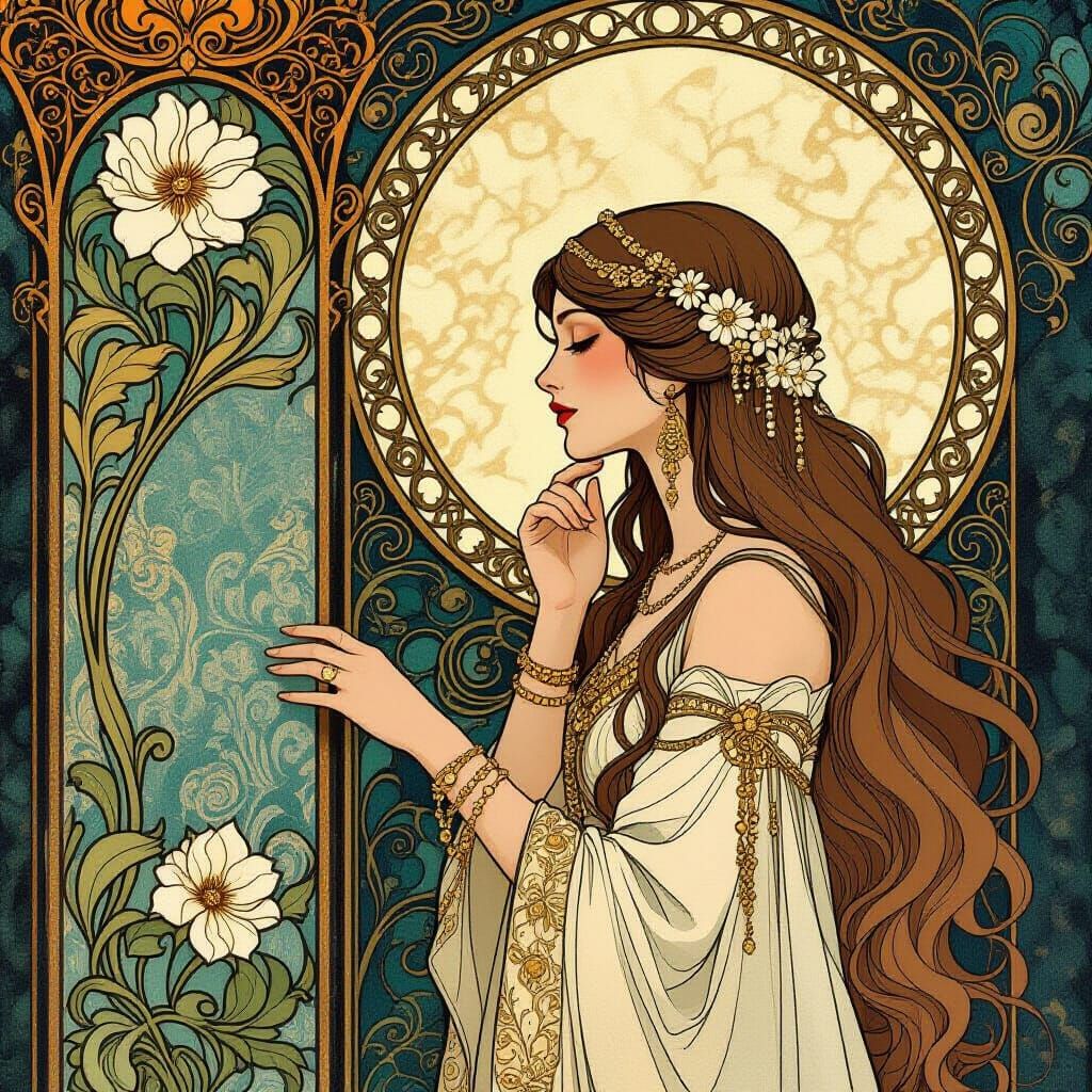 Art Nouveau Woman Gazing at Ornate Wall