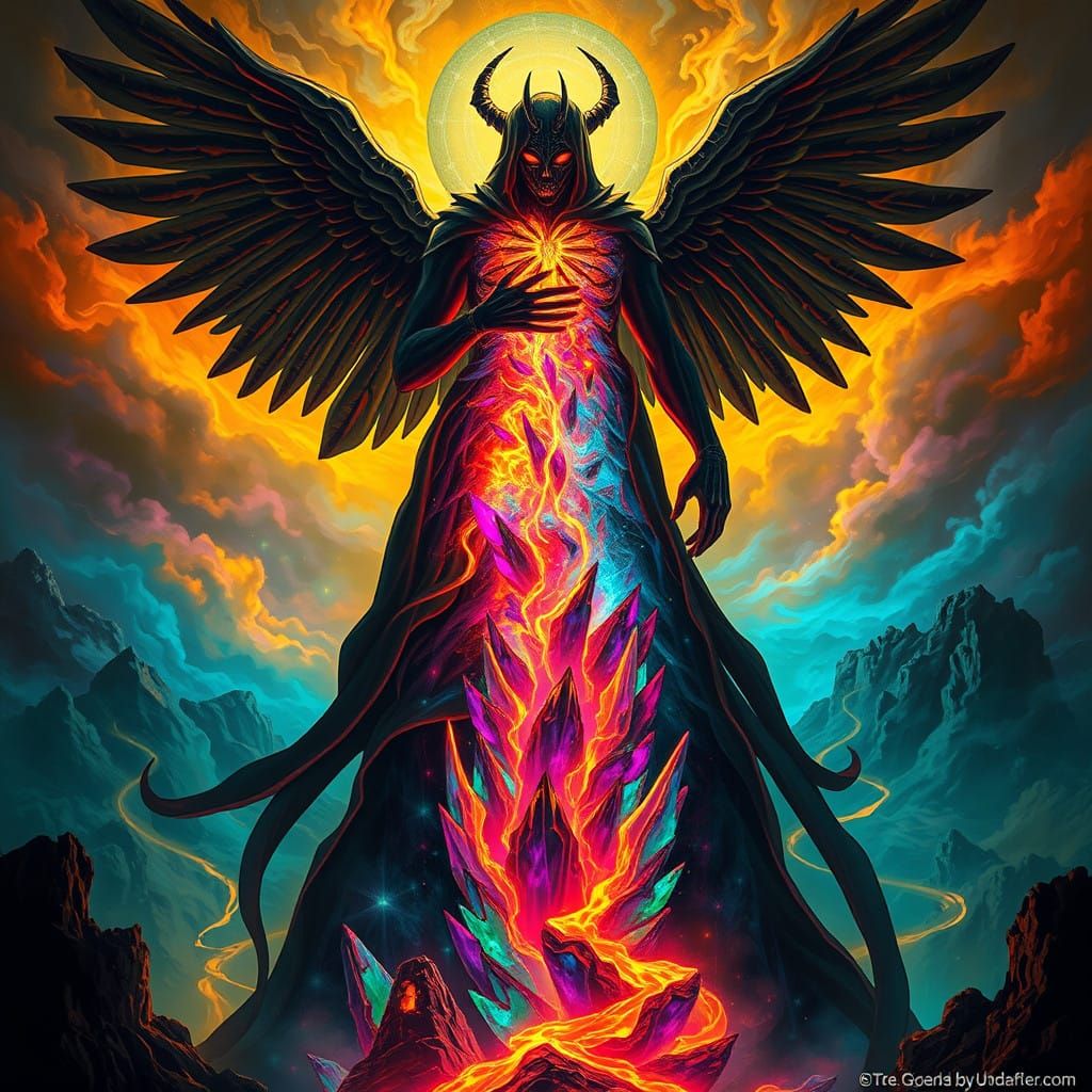 Chiaroscuro. Towering angel of death  silhouette of swirling iridescent shadows rippling with kaleidoscopic glow. Chest ...