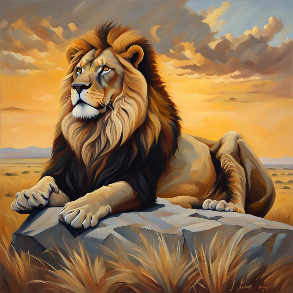Majestic Lion in Sun-Kissed African Savannah