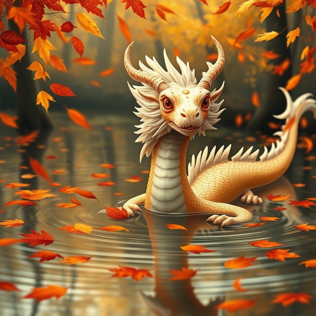 Eastern Dragon in Autumn Pond, Fantasy Art