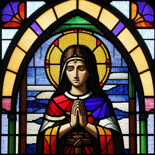 Pixelated Stained Glass: Female Saint in Prayer