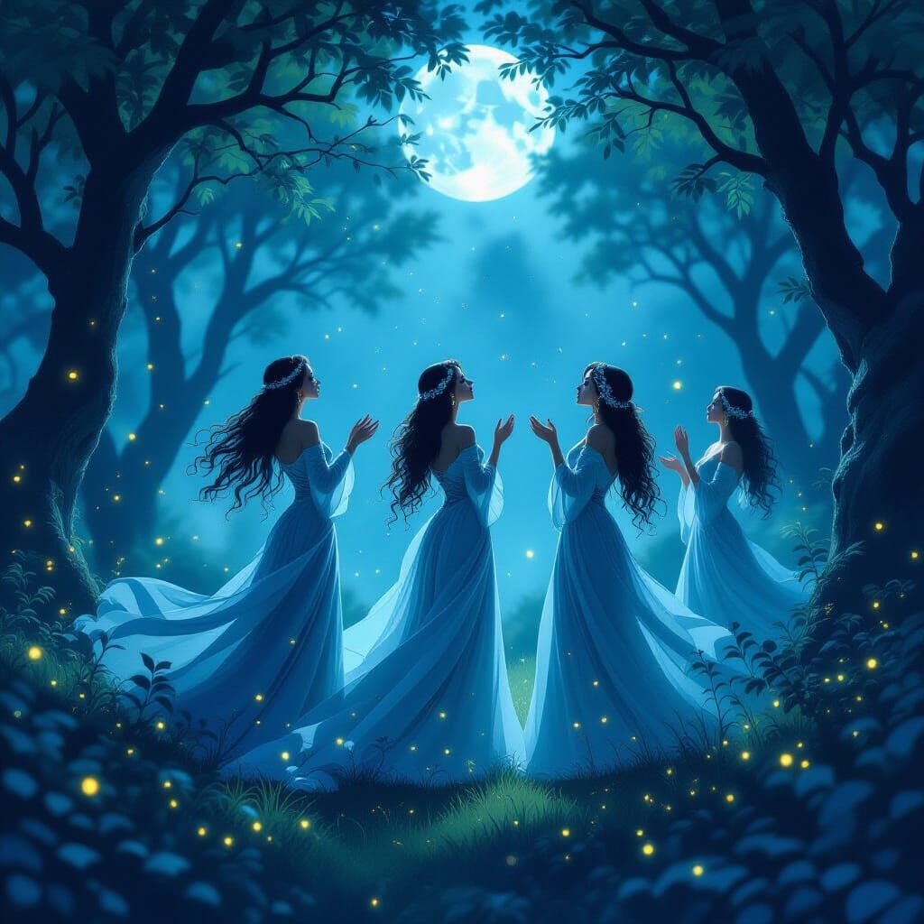 Ethereal Women in Moonlit Grove as Dark Fantasy Art