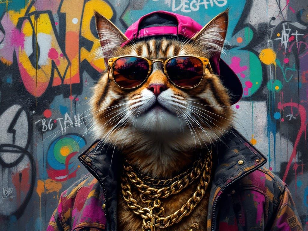 Stylish Hip Hop Cat Portrait on Graffiti Wall