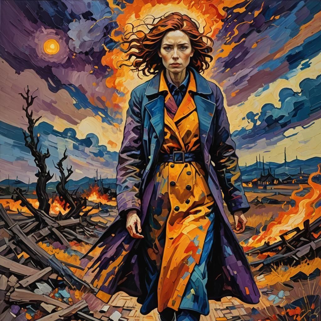 Woman Walks Toward Nuclear Blast in Van Gogh Style