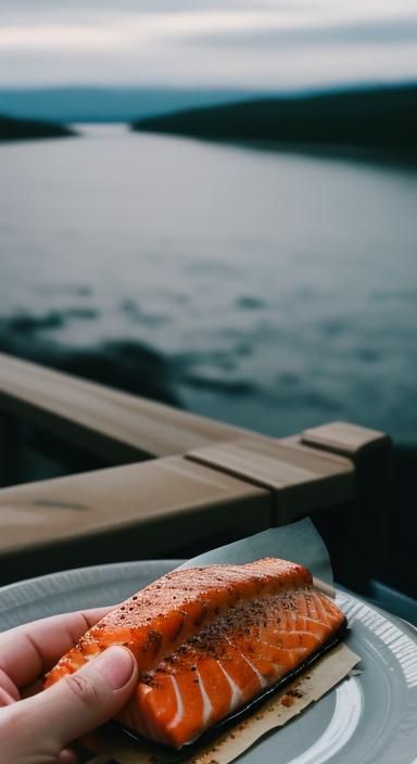 Person Holding Cooked Salmon Fillet in Cinematic Style