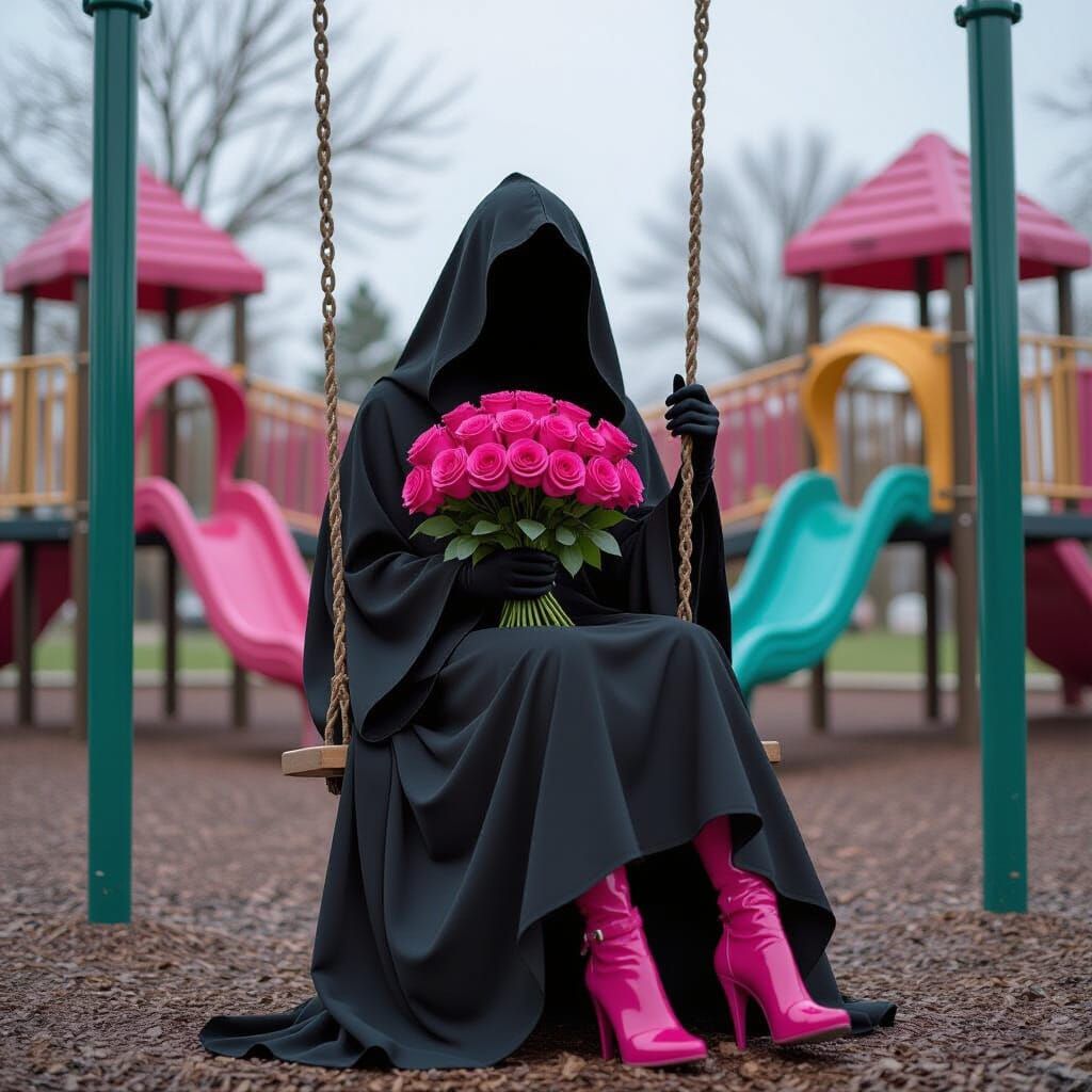 Grim Reaper on Playground Swing with Pink Roses