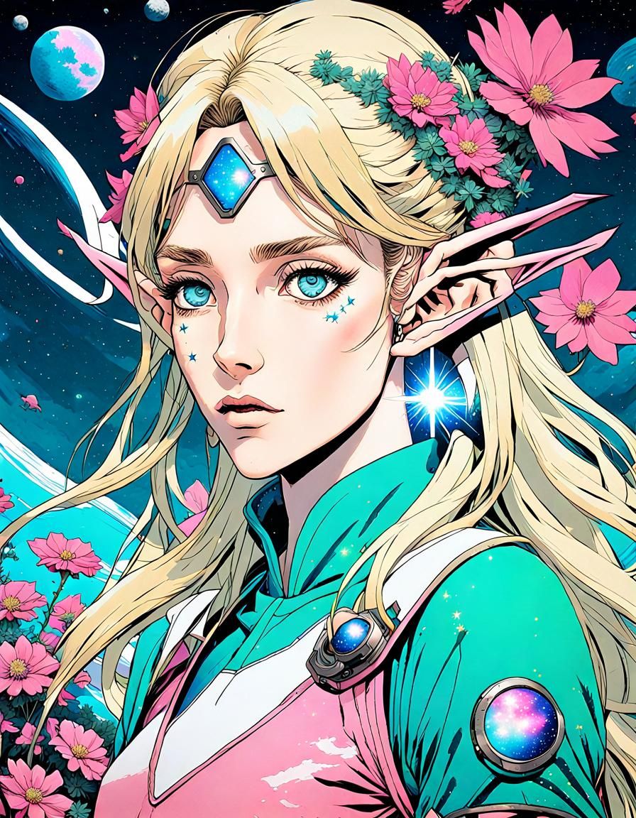 1985’ anime video game, Portrait, human female elf, long blo...