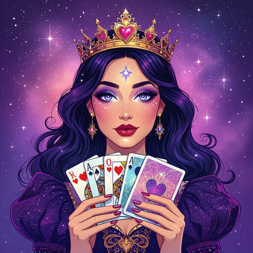 Queen of Hearts with Cosmic Cards in Nebula