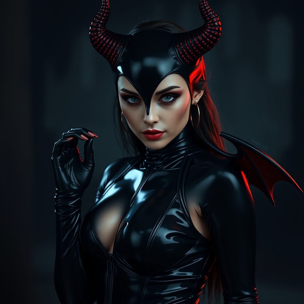 Sleek Devil: Woman in Latex Costume, Hyperrealistic