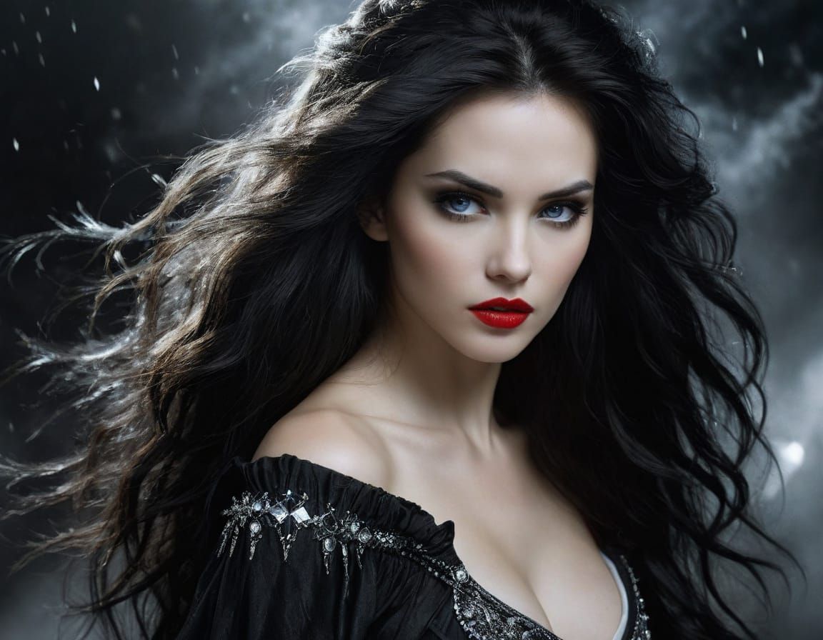 Dark Sorceress in a Loose Black Dress, Oil on Canvas