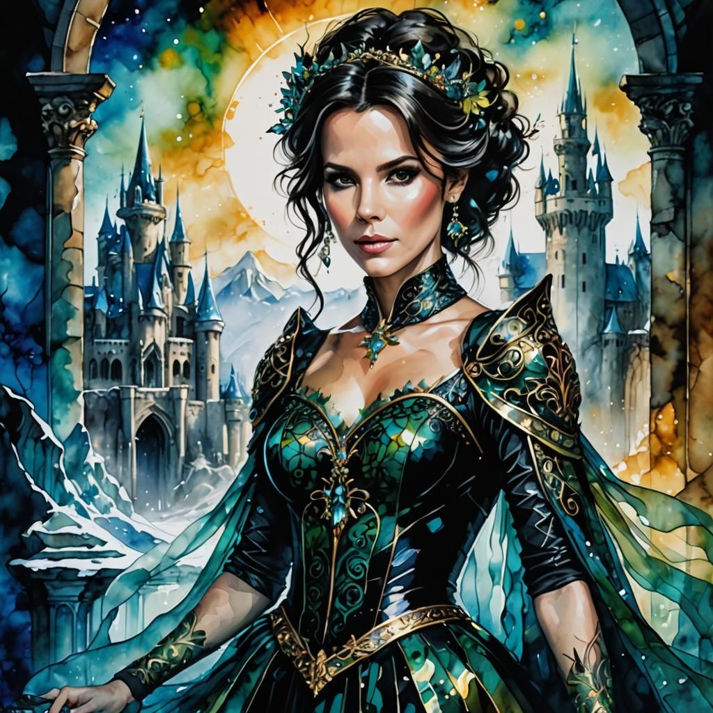 Elegant Elf Queen in Frozen Palace, Alcohol Ink Art