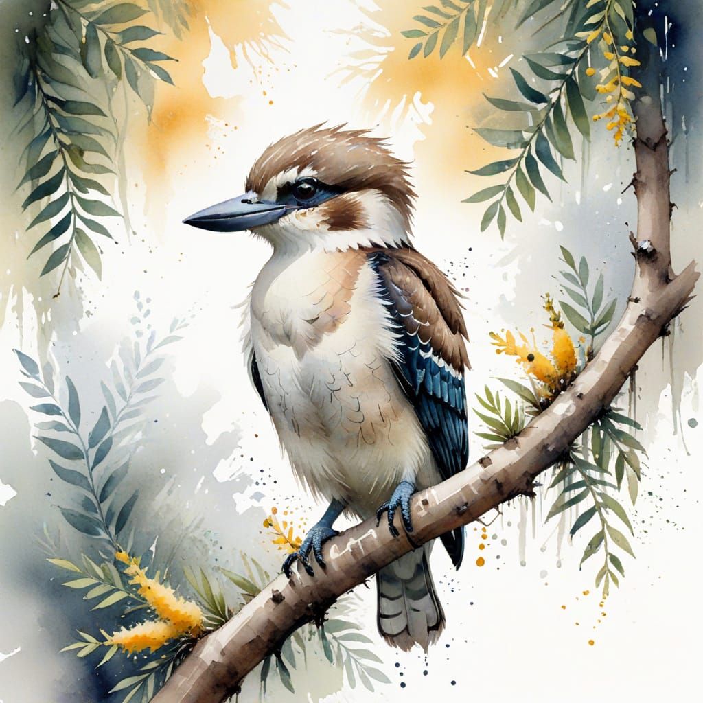 Kookaburra in Watercolour on Wattle Tree