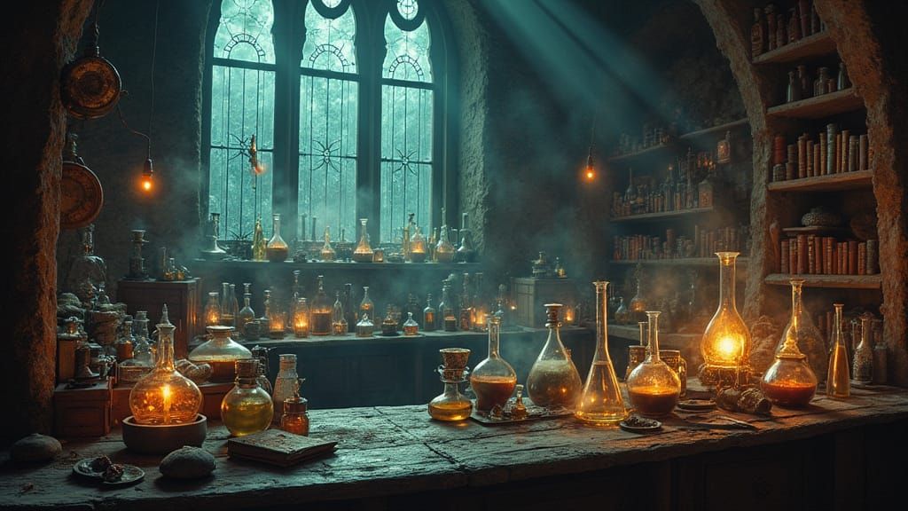 Dark Fantasy Alchemist's Lair with Mysterious Equipment