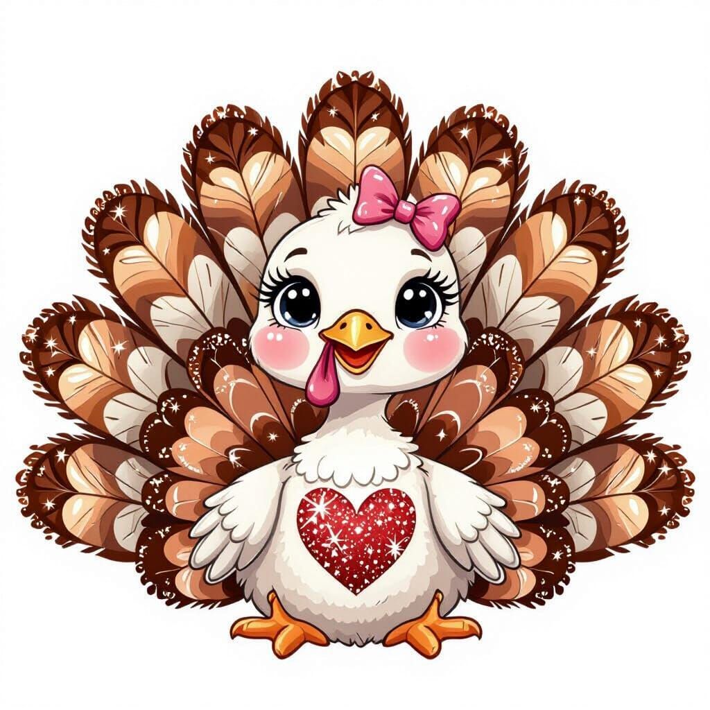 Adorable Cartoon Baby Turkey Sticker with Glitter Accents