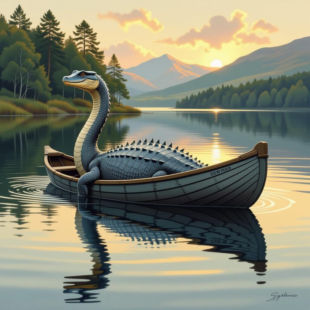 Aquatic Reptile Surfaces in Scottish Lake, Detailed Realism