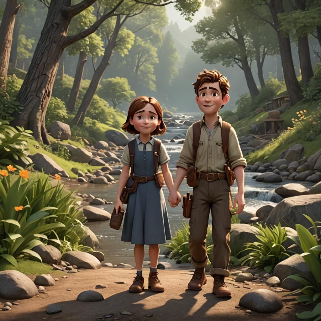 Pixar Style Village Scene with Boy and Sister