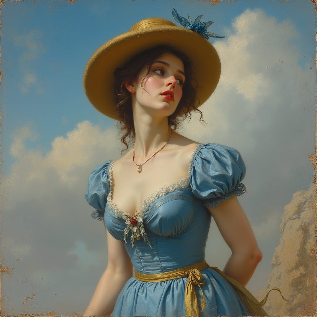 Frightened Woman in Storm, Romantic Painting Style